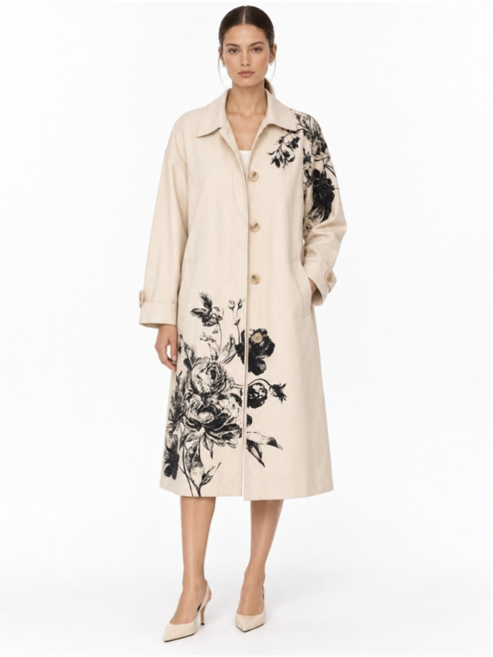 Anewsta Cream Black Floral Print Long Coat Jacket Size M US 6 NWT